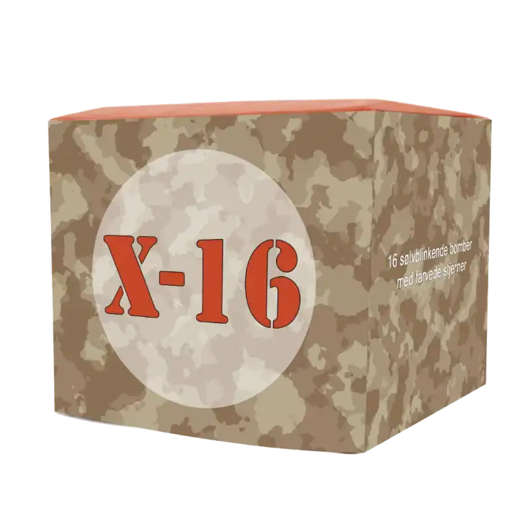 X-16 fyrværkeribatteri med 16 skud på 20mm – sølvblinkende bomber med farvede stjerner. Tilgængelig hos drive-in-krudt.dk i Kokkedal.