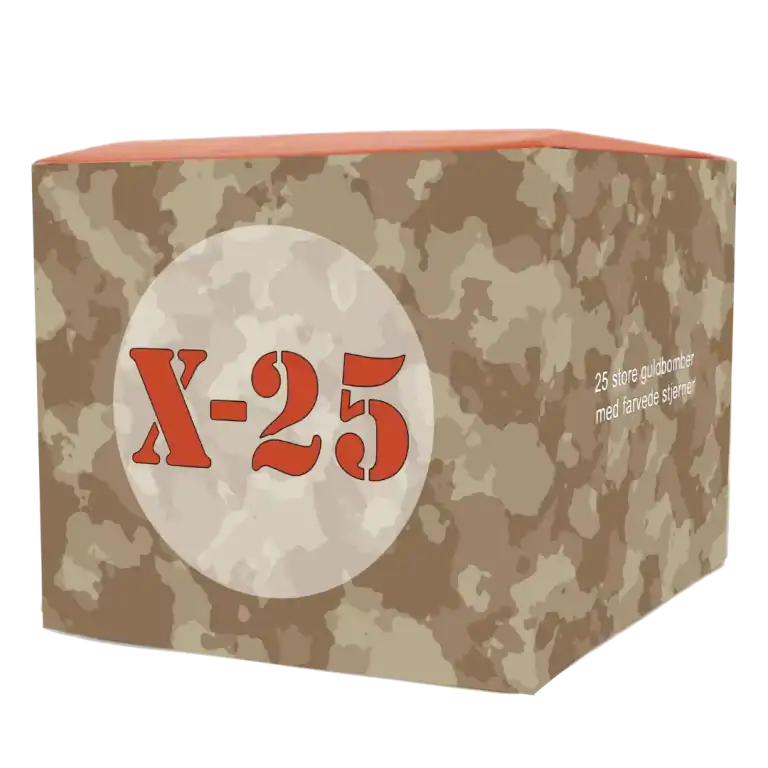 X-25 fyrværkeribatteri med 25 skud på 20mm – store guldbomber med farvede stjerner. Tilgængelig hos drive-in-krudt.dk i Kokkedal.