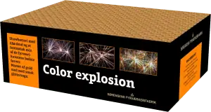 Color Explosion 126 skud batteri med guldbrokader, strobe og peonyer i høj kvalitet