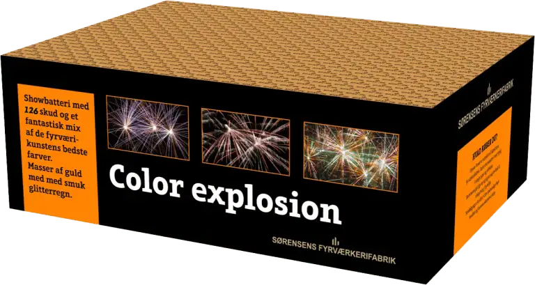 Color Explosion 126 skud batteri med guldbrokader, strobe og peonyer i høj kvalitet